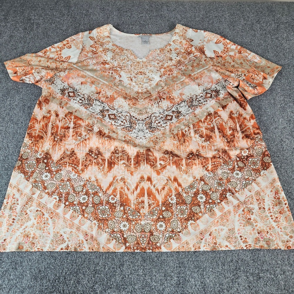 Catherines 2X Plus Orange Paisley Boho Lace V Neck Sequin Short Sleeve